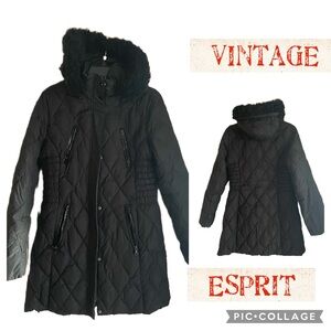 vintage 90s Black woman’s 3/4 ESPRIT Feather quilted jacket Med removable hood.